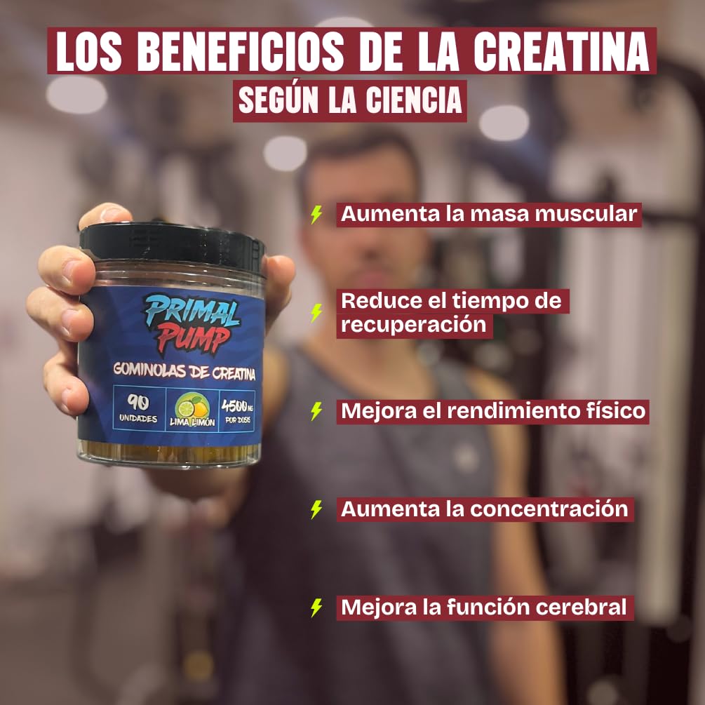Primal Pump Gominolas de Creatina Monohidratada 4.5g - Creatina para Rendimiento y Potencia - Sin Azúcar, Vegano y Sin Gluten (90 Gominolas, Frambuesa)