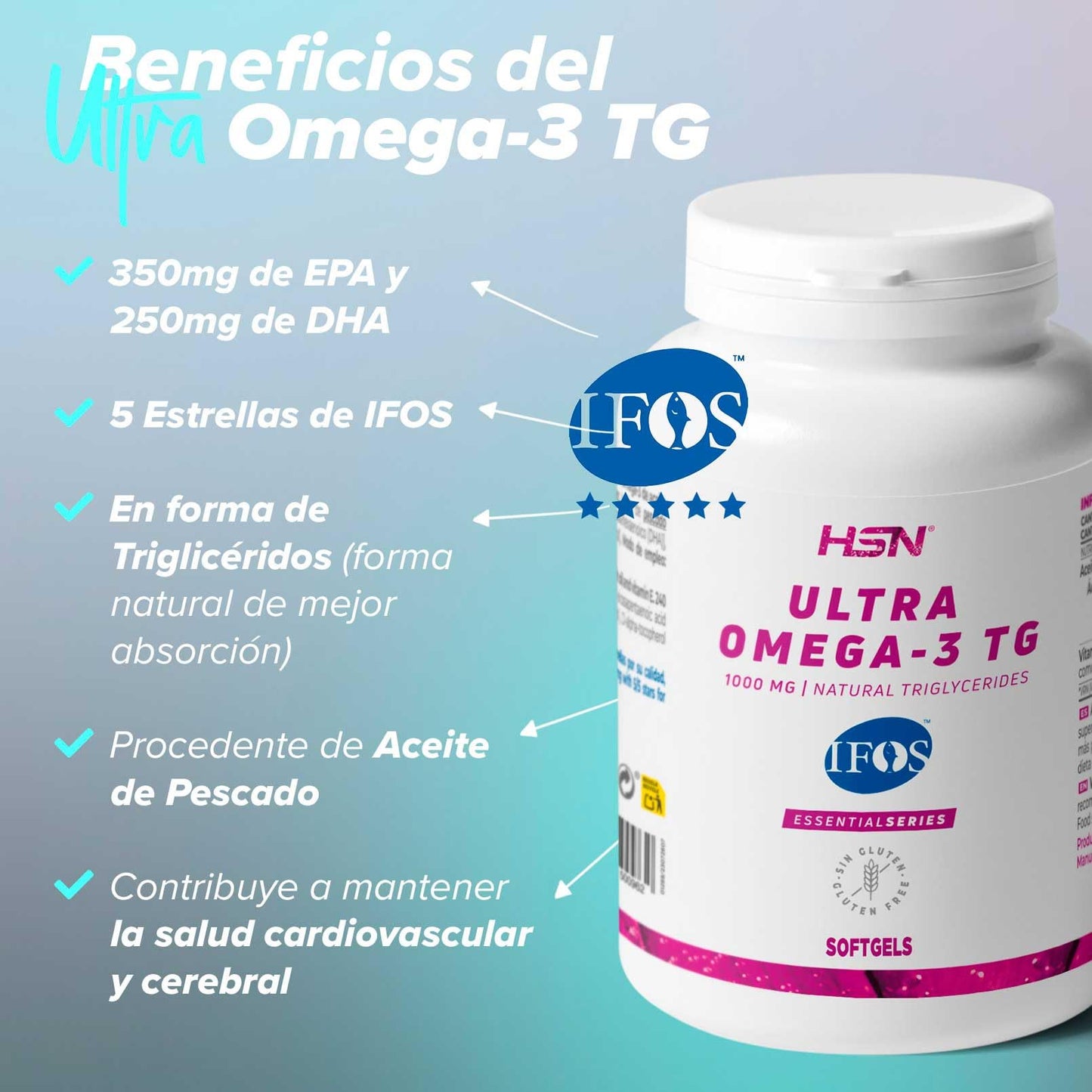 HSN Ultra Omega 3 IFOS 5 Estrellas | 120 Perlas | 350mg de EPA + 250mg DHA | 1000mg Puro Aceite de Pescado en Forma de Triglicéridos Altamente Concentrado | No-GMO, Sin Gluten