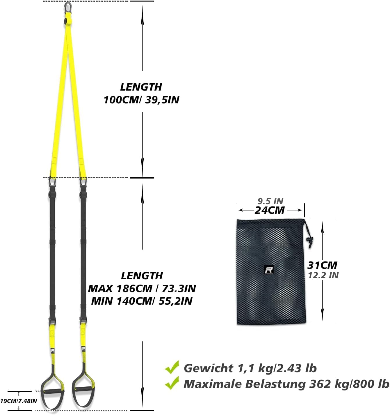 RHINOSPORT Juego de Entrenamiento de suspensión con Anclaje para Puerta Ajustable para Gimnasia en casa Adecuado amarillo