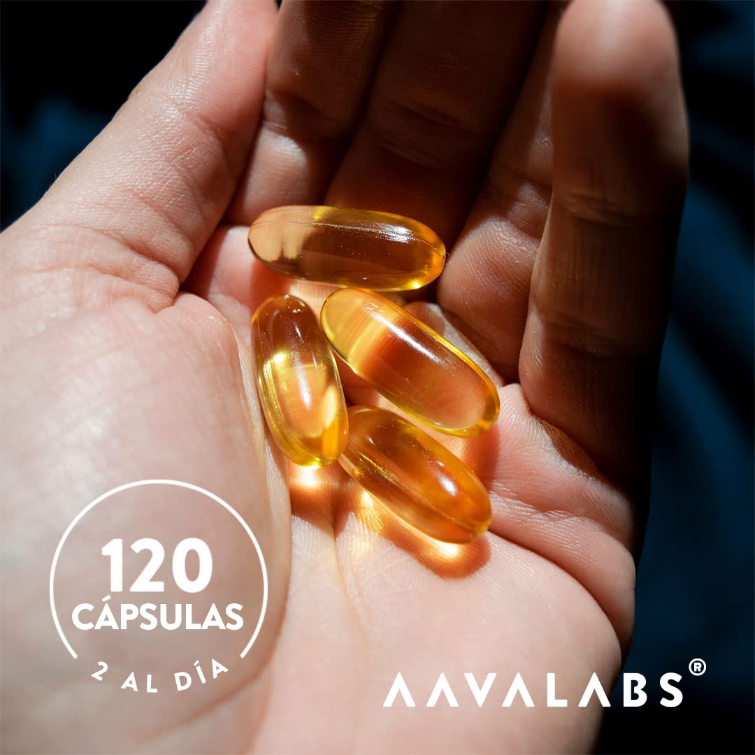 AAVALABS Omega 3 2000mg por dosis diaria (2 cápsulas) - 1000mg de EPA + 500mg de DHA - Ácidos Grasos de Alta Potencia - Destilado Molecularmente - 120 Cápsulas - 60 días de suministro