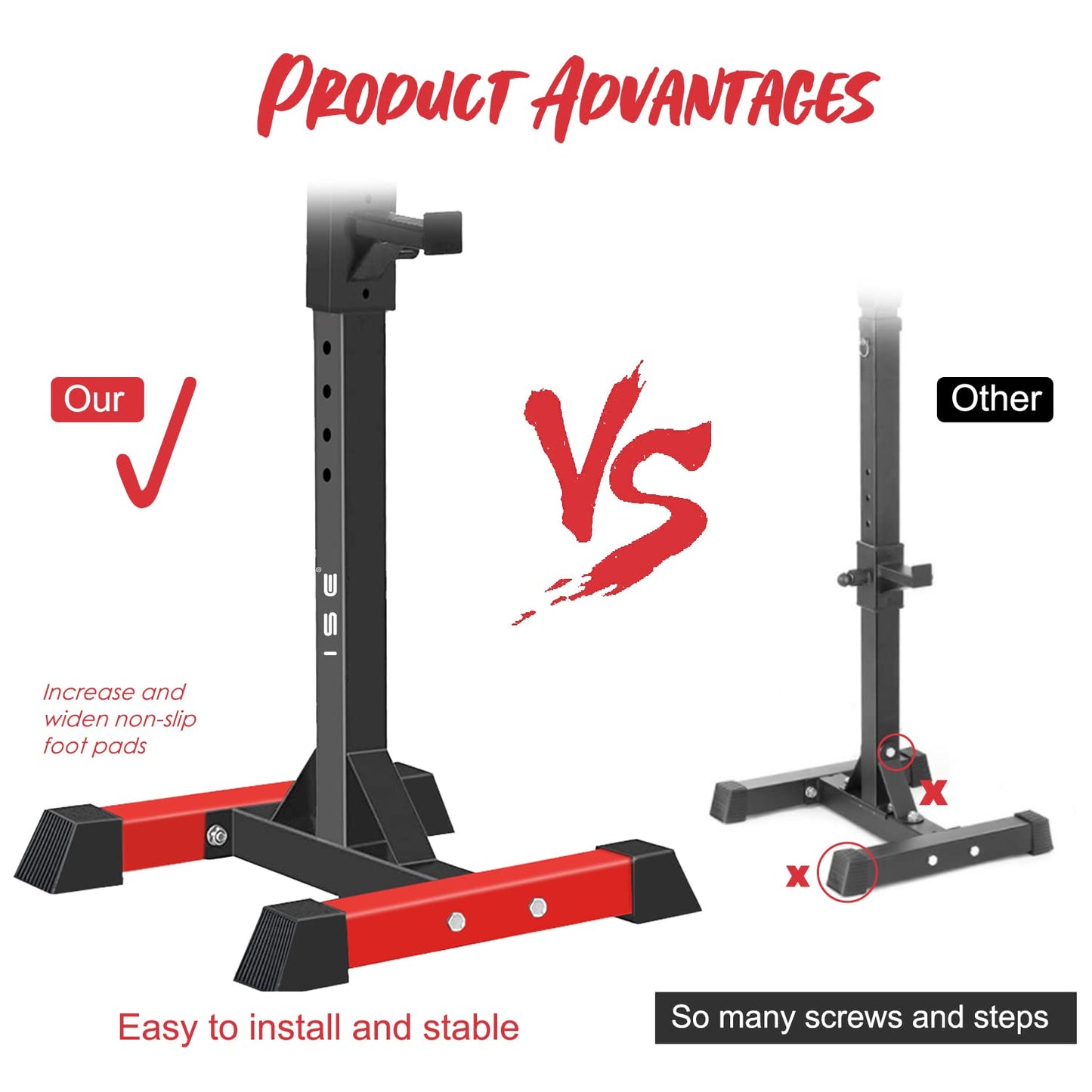 ISE Soporte Barra Pesas ajustable, Soporte Pesas Barra, Rack Sentadillas y Press Banca Squat Rack Stand Gym para Fitness, Soporte Para Pesas de Levantamiento Gimnasio para Banco de Peso, Máx 200kg