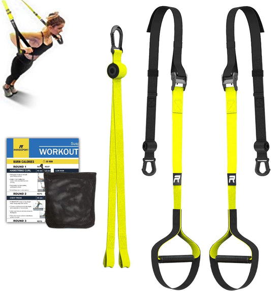RHINOSPORT Juego de Entrenamiento de suspensión con Anclaje para Puerta Ajustable para Gimnasia en casa Adecuado amarillo