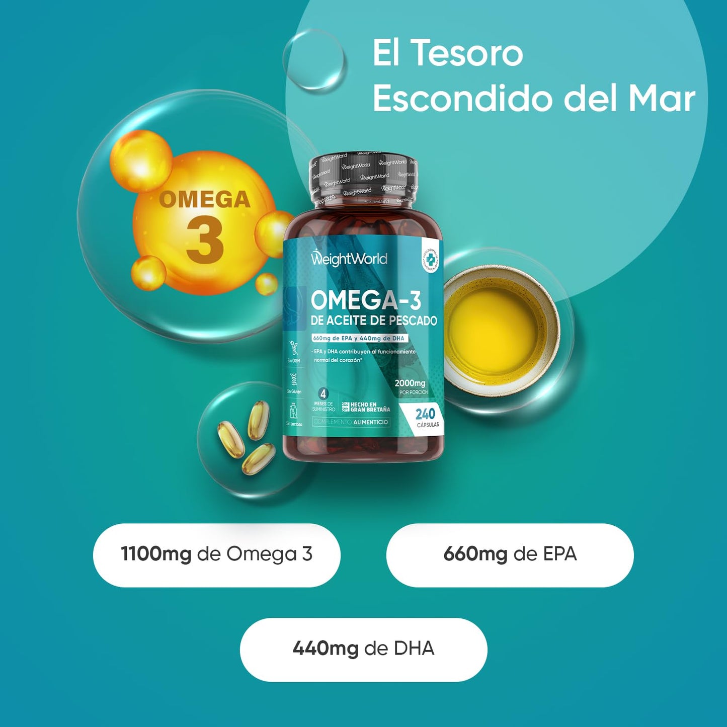 Omega 3 2000mg - 240 Perlas de Aceite de Pescado (660mg EPA + 440mg DHA) - Ácidos Grasos de Omega 3 para 4 Meses, Sin OGM