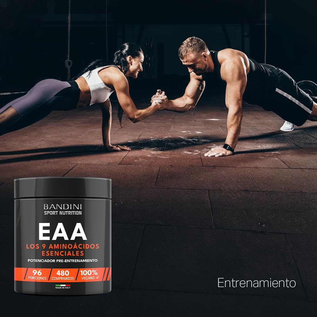 Bandini® EAA Aminoácidos Esenciales 480 TABLETAS - Con 9 Essential Amino Acids - Pre, intra y Post Entrenamiento - Complemento alimenticio para el deporte - Comprimidos - 96 Dosis - Vegan, sin azúcar