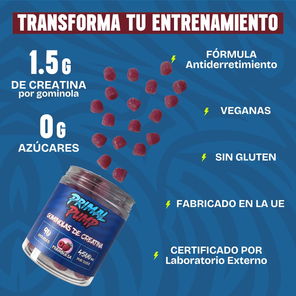 Primal Pump Gominolas de Creatina Monohidratada 4.5g - Creatina para Rendimiento y Potencia - Sin Azúcar, Vegano y Sin Gluten (90 Gominolas, Frambuesa)