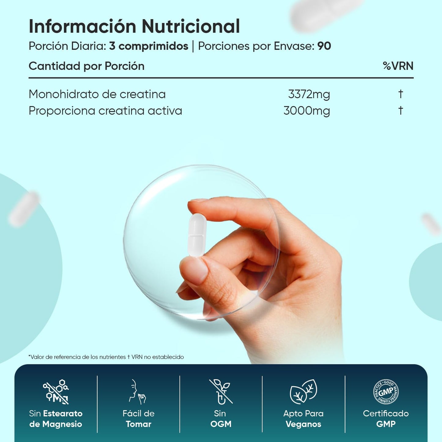 Creatina Monohidratada 3000mg, 270 Comprimidos, 3 Meses de Suministro - Suplemento Deportivo Apto para Veganos, 3 Comprimidos al Día, Sin OGM ni Estearato de Magnesio