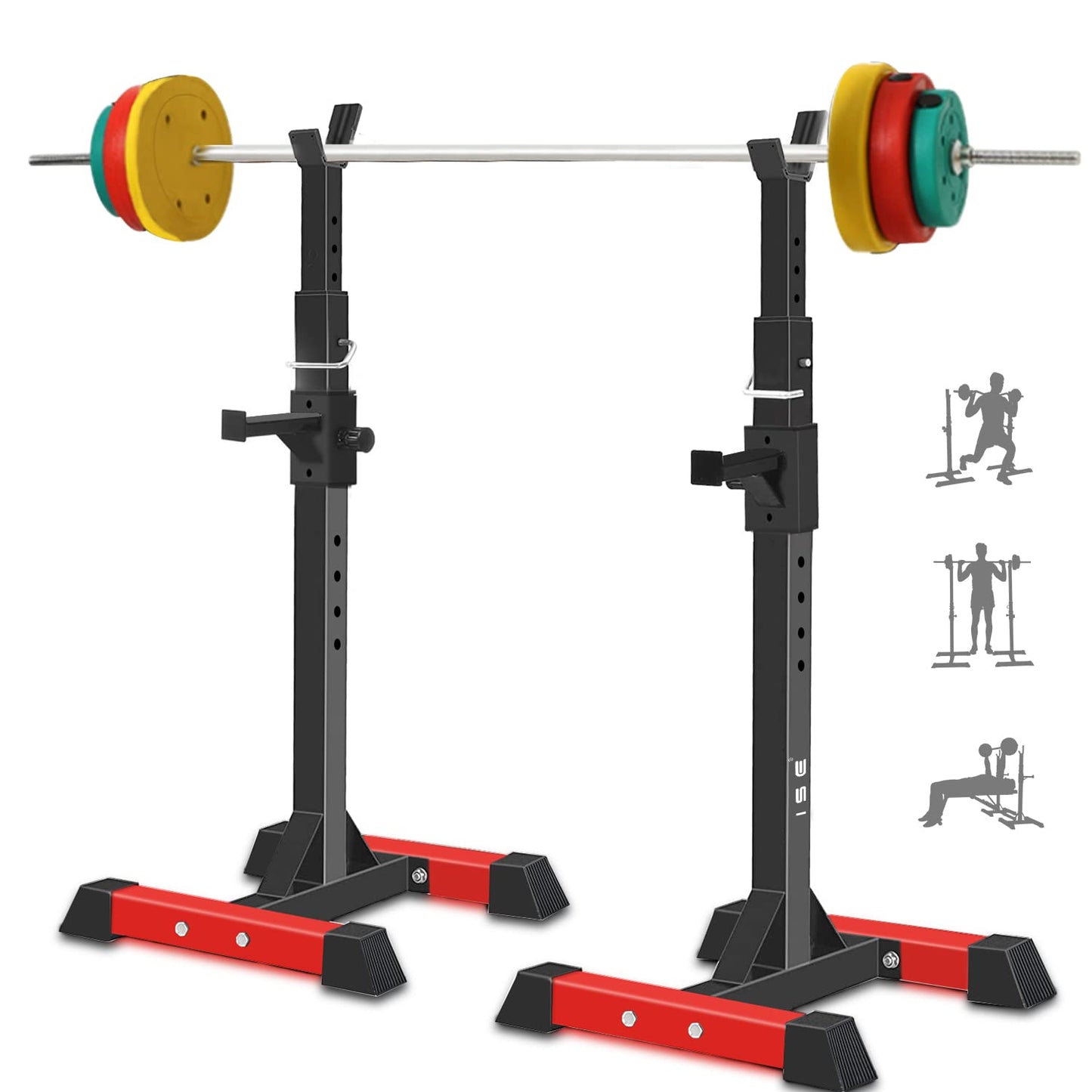 ISE Soporte Barra Pesas ajustable, Soporte Pesas Barra, Rack Sentadillas y Press Banca Squat Rack Stand Gym para Fitness, Soporte Para Pesas de Levantamiento Gimnasio para Banco de Peso, Máx 200kg