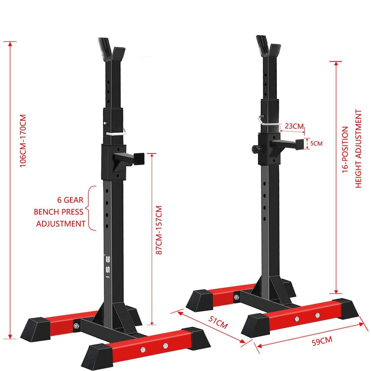 ISE Soporte Barra Pesas ajustable, Soporte Pesas Barra, Rack Sentadillas y Press Banca Squat Rack Stand Gym para Fitness, Soporte Para Pesas de Levantamiento Gimnasio para Banco de Peso, Máx 200kg