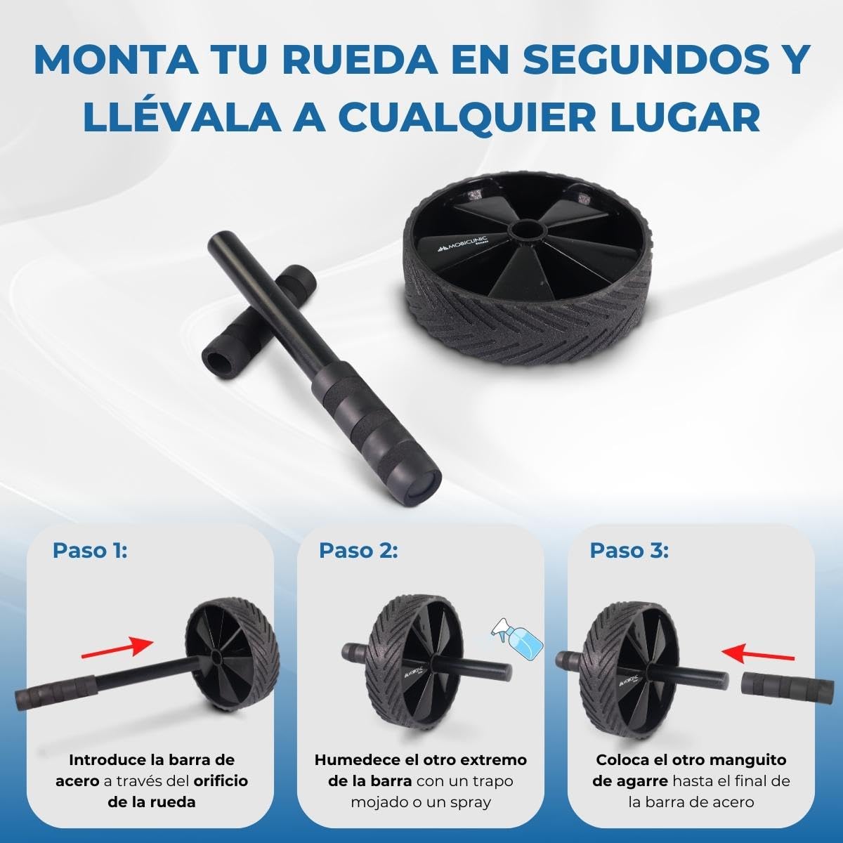 Mobiclinic, Rodillo para abdominales, Alfombrilla incluida, Set ejercitar, Marca española, Carga máxima de 150 kg, Entrenamiento en casa, Rueda abdominal, Flexiones