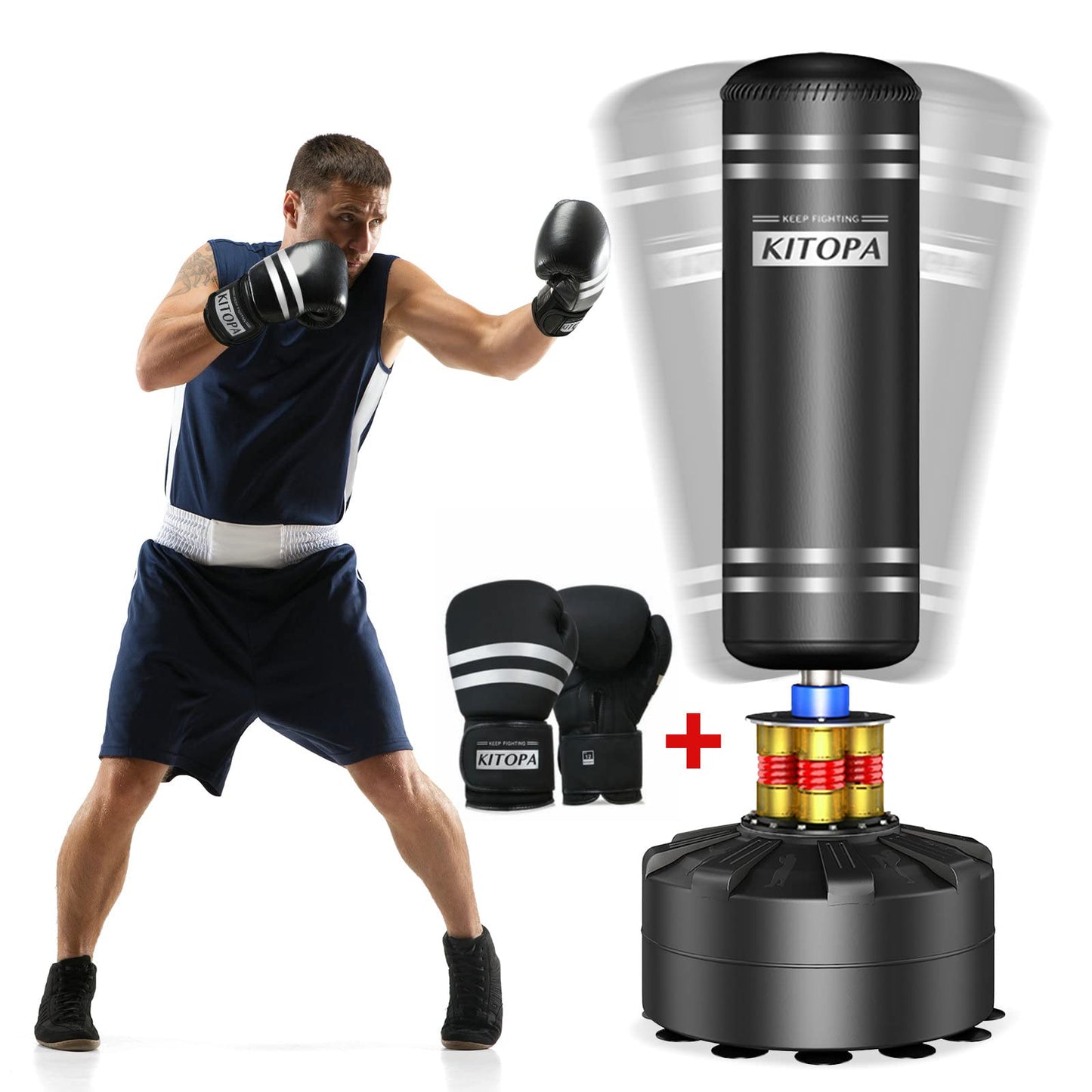 Kitopa Saco de Boxeo Autónomo con Guantes de Boxeo, Saco de Boxeo Pesado de 178cm con Soporte para Adultos Jóvenes Niños Resistente a los Desgarros, Recuperación Rápida, Base de Ventosa