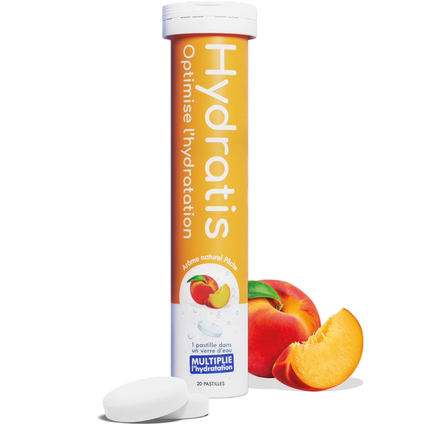 HYDRATIS - Tabletas de rehidratación acelerada - Electrolitos con magnesio, zinc, potasio - 20 tabletas - Sabor a melocotón