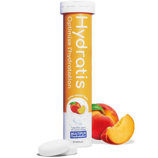 HYDRATIS - Tabletas de rehidratación acelerada - Electrolitos con magnesio, zinc, potasio - 20 tabletas - Sabor a melocotón