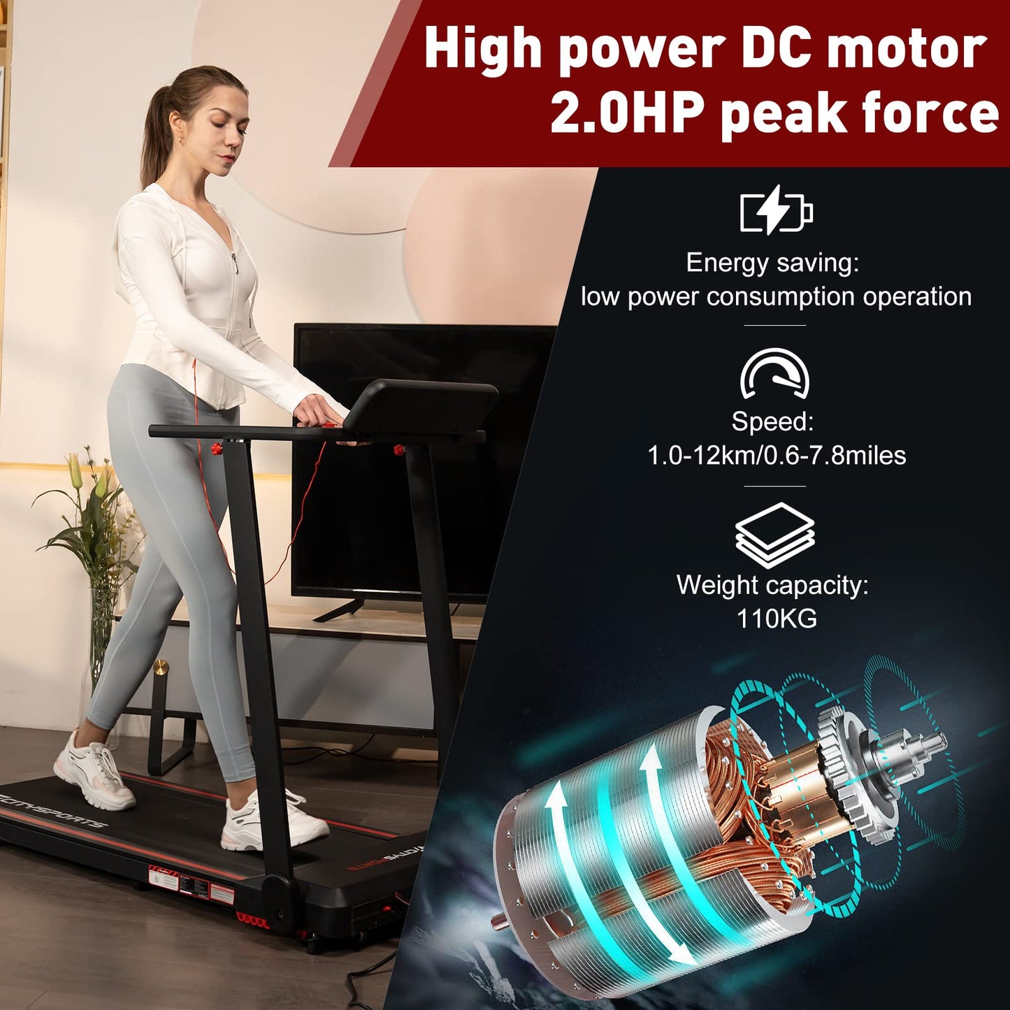 CITYSPORTS Cinta de Correr Plegable,Cinta de Andar eléctrica,con Pantalla LED,App y Soporte para Tableta 360°,Walking Pad Compacta para casa y Oficina
