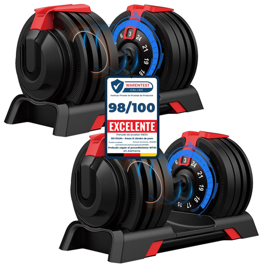 DH FitLife Mancuernas Ajustables 18kg/24kg con Base de Almacenamiento, Juego de Pesas Compactas 12 en 1 para Culturismo y Entrenamiento - Diseño Ahorra Espacio, para Hombre y Mujer (Negro - 24kg X 2)