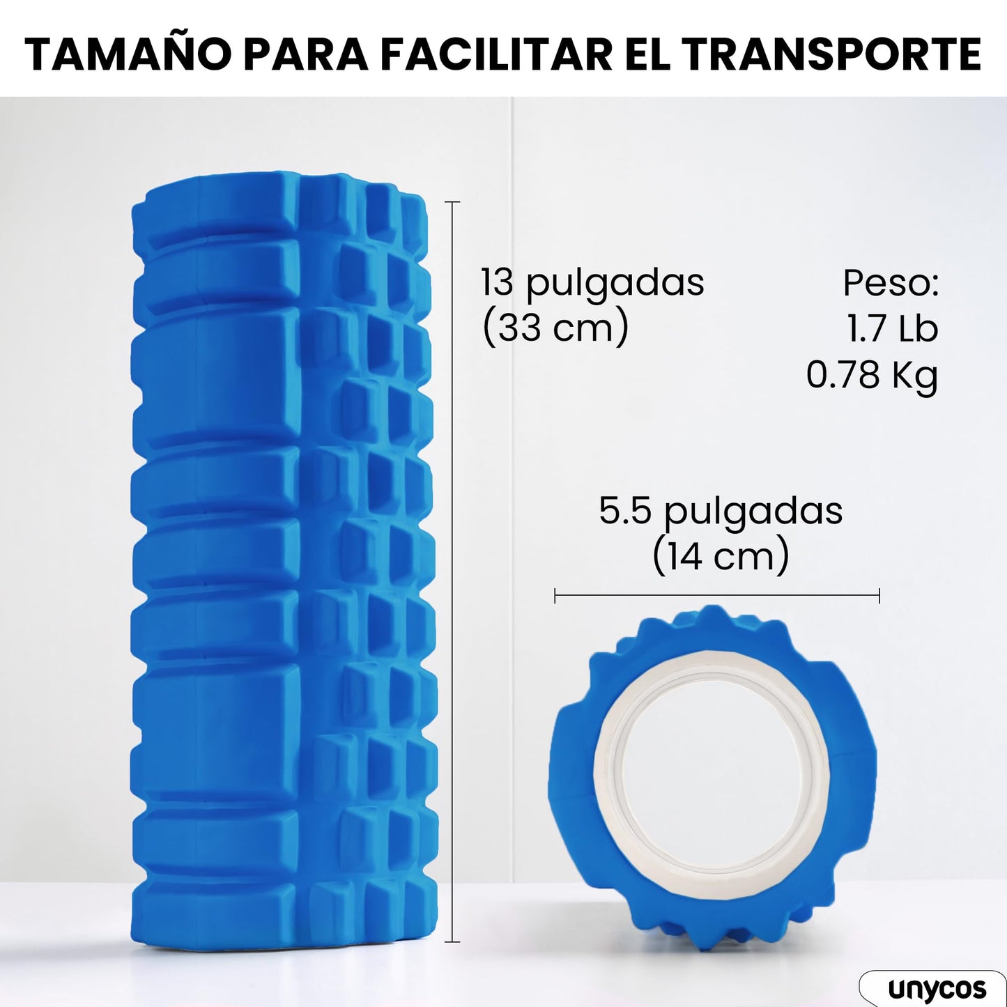 unycos - Rodillo para Masajes Musculares【33x14 cm】Cilindro de Espuma Dura para Fitness, Terapia con Foam Roller | Herramienta de Automasaje para Mayor Recuperación y Flexibilidad (Azul Oscuro)