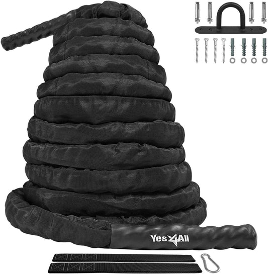 Yes4All Cuerda de entrenamiento para ejercicios de batalla con cubierta protectora, anclaje de acero y correa incluida, 38 mm/50 mm de diámetro, Poly Dacron, 9 m, 12 m, 15 m de longitud (38 mm - 12 m)
