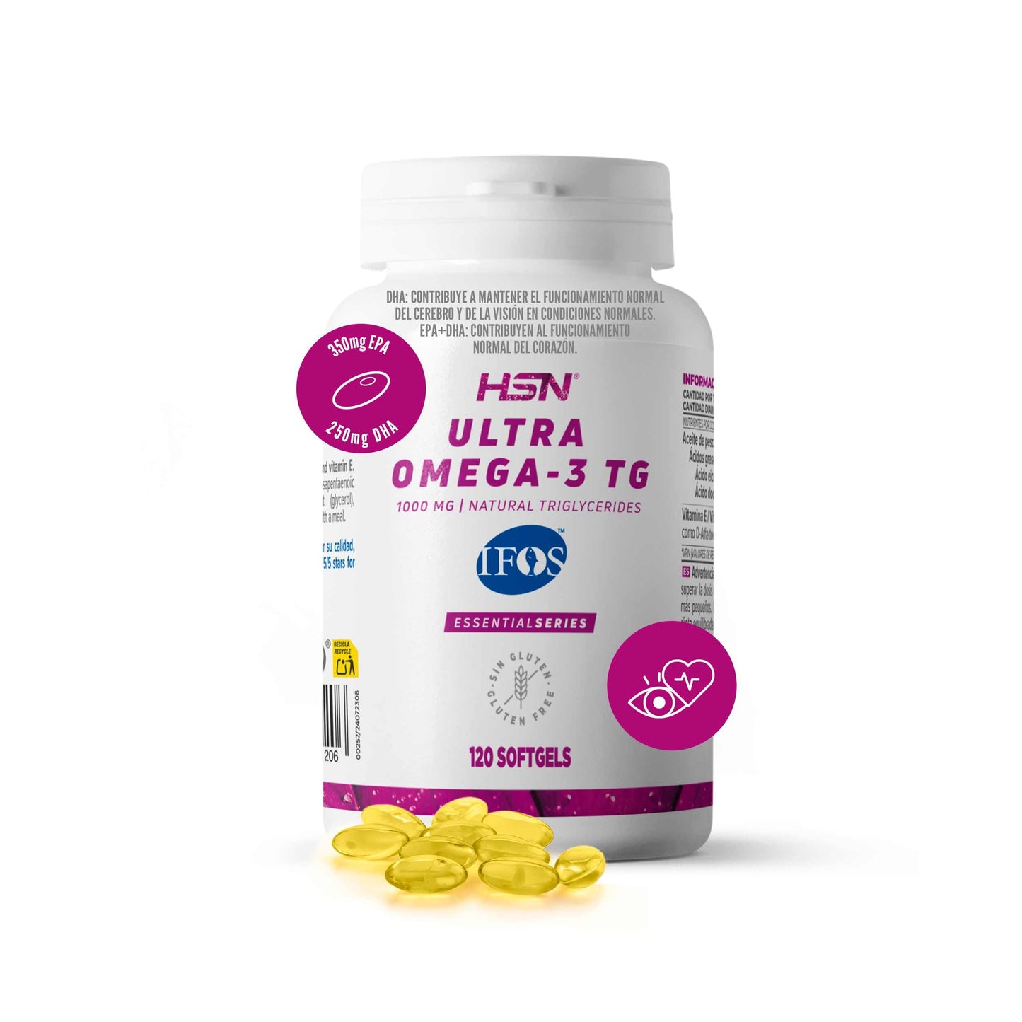 HSN Ultra Omega 3 IFOS 5 Estrellas | 120 Perlas | 350mg de EPA + 250mg DHA | 1000mg Puro Aceite de Pescado en Forma de Triglicéridos Altamente Concentrado | No-GMO, Sin Gluten