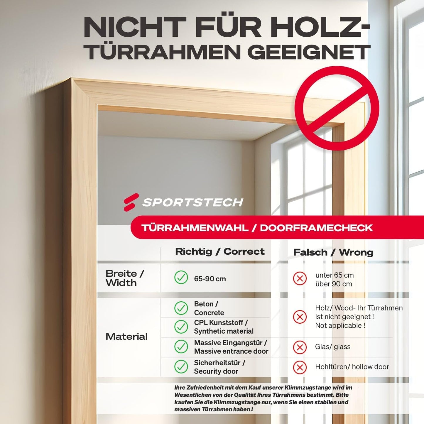 Sportstech Barra Dominadas con Función Innovadora de Fijación | Segura y rápida - Barra de Dominadas sin Tornillos para el Marco de la Puerta | Barra para casa ajustable hasta 90 cm | KS260/KS270 incl