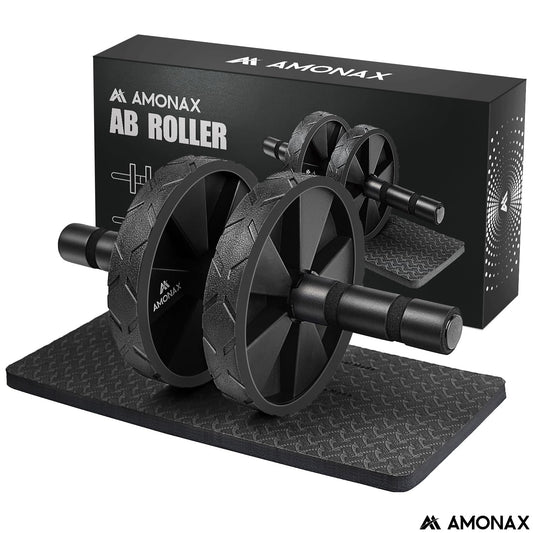 Amonax - Rodillo de rueda para abdominales con alfombrilla grande para ejercitar abdominales, doble rueda con modos de entrenamiento de fuerza dual en el gimnasio en casa (Negro)