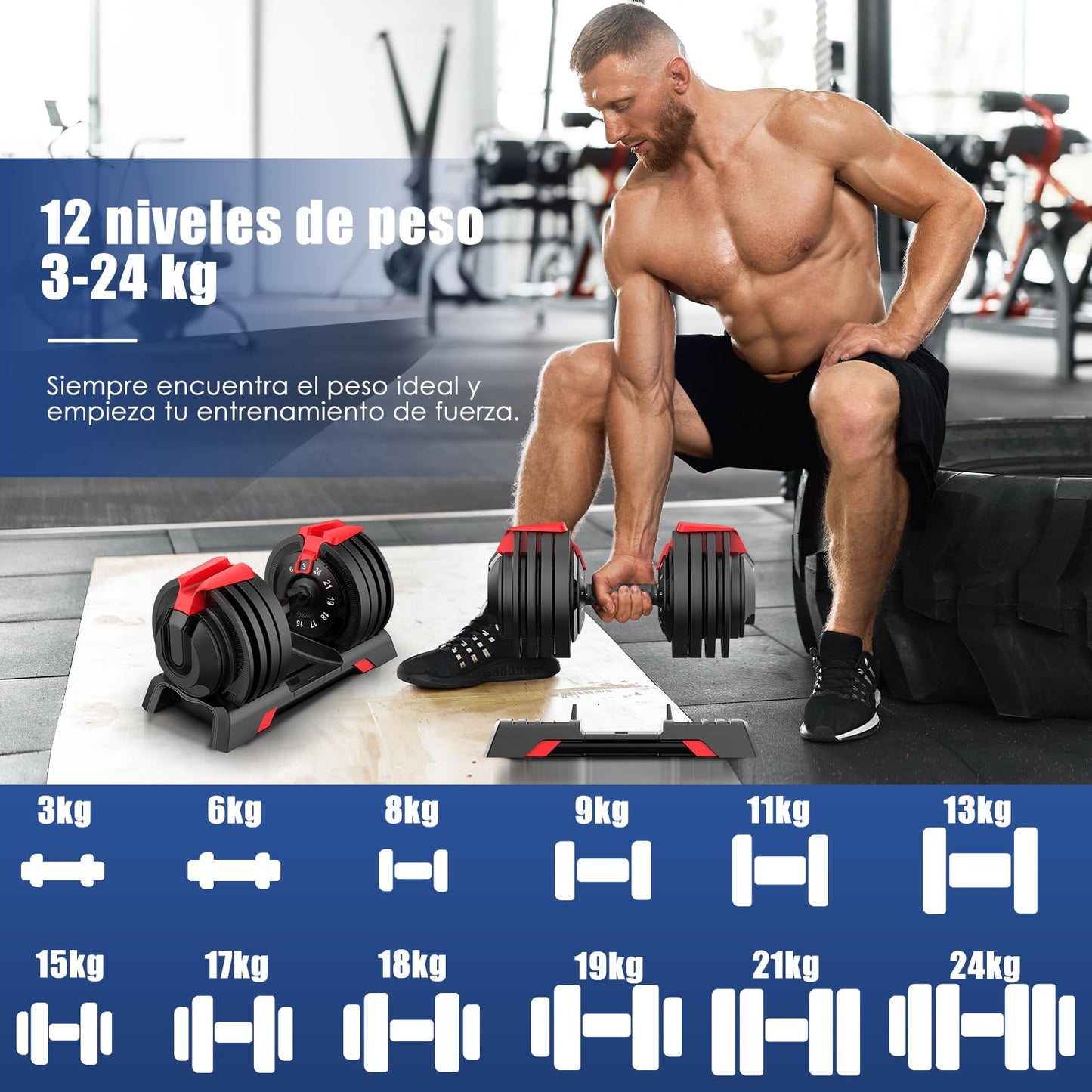 DH FitLife Mancuernas Ajustables 18kg/24kg con Base de Almacenamiento, Juego de Pesas Compactas 12 en 1 para Culturismo y Entrenamiento - Diseño Ahorra Espacio, para Hombre y Mujer (Negro - 24kg X 2)