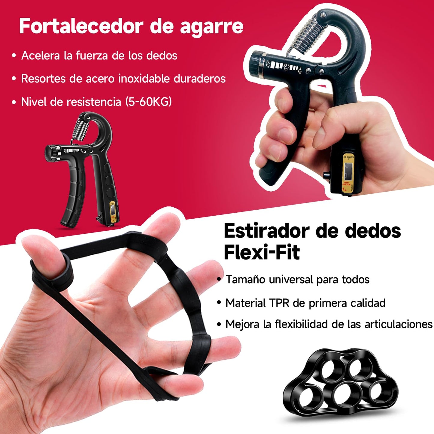 Kit de Entrenamiento para Fortalecer Agarre FitBeast 5 Piezas, 2 Resistencia Ajustable para Antebrazo, Estirador de Dedos, Anillo de Agarre y Bola de Alivio Estrés para Atletas, Negro