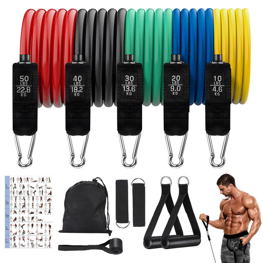 FAOKZE Gomas elasticas musculación con 5 Niveles de Resistencia,Set de Bandas de Resistencia con Anclaje para Puerta,Asas,Correa para Tobillo,Bolsa de Transporte,para Fitness/Estiramiento/Pilates