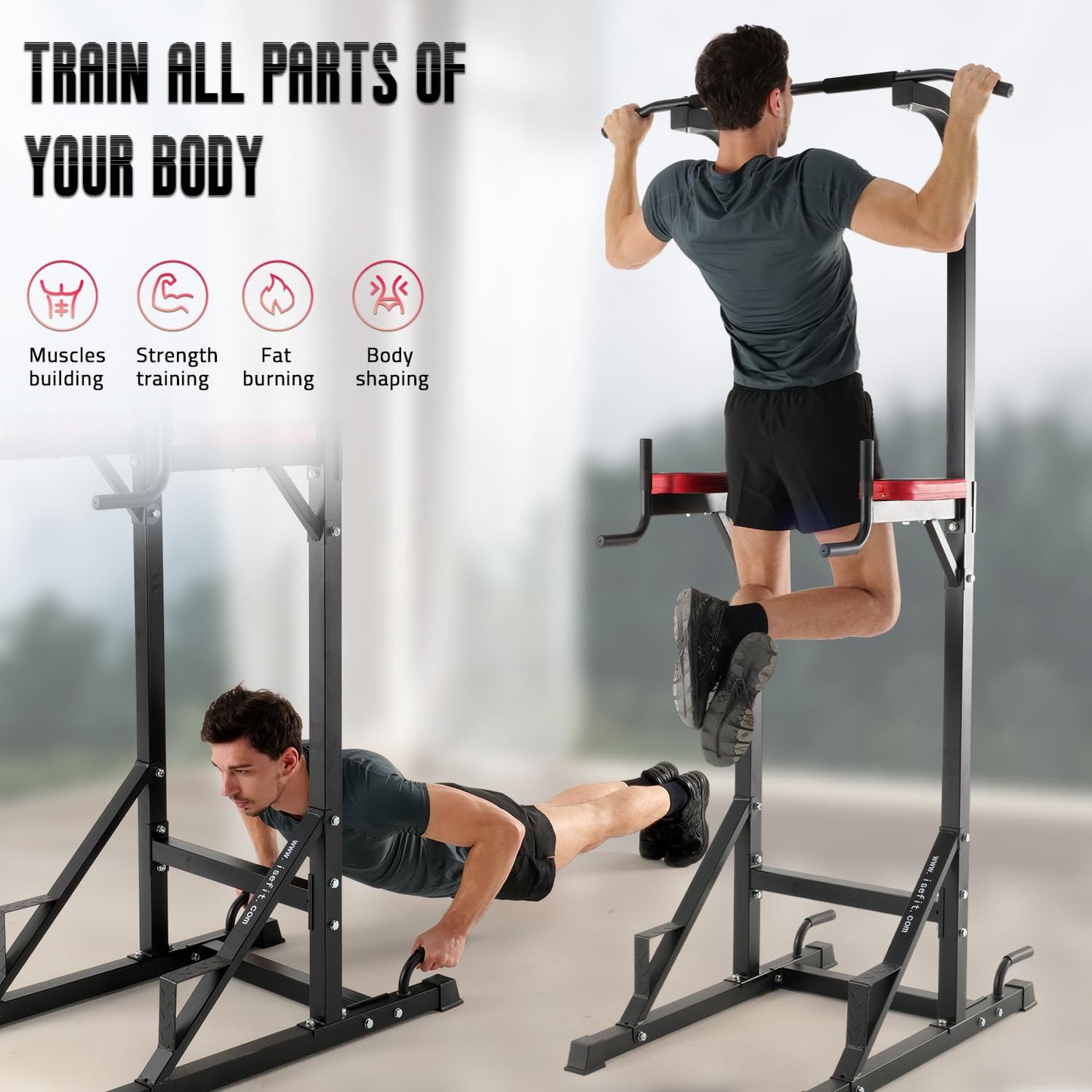 ISE Maquina Dominadas, Estación de Musculación, Torre de Gimnasio Entrenamiento Multifuncional, Multiestación con Barra de Dominadas Fitness, Power Tower de Pull-up, Ejercicio Fuerza Gimnasia