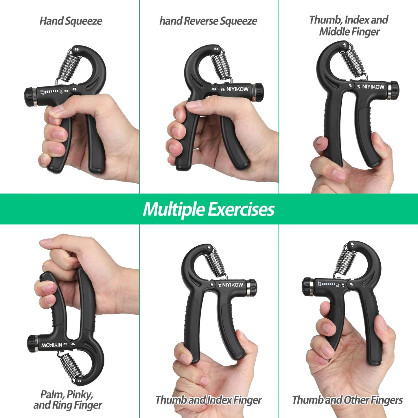 NIYIKOW Hand Grip, Antebrazo Ejercitar, Fortalecedor de Agarre de Manos, Resistencia Ajustable 10-60kg (22-132Lbs), Ejercitador de Manos Antideslizante, para Músicos Atletas-Negro