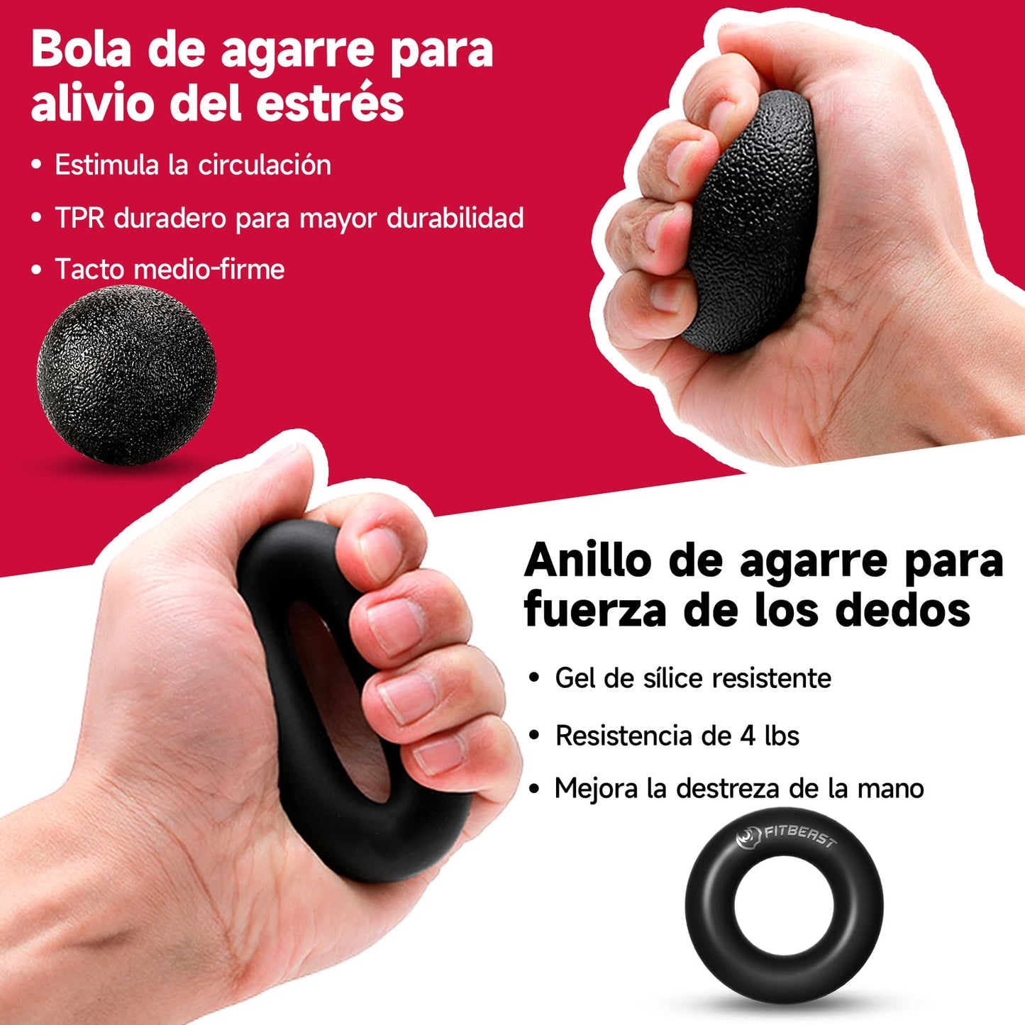 Kit de Entrenamiento para Fortalecer Agarre FitBeast 5 Piezas, 2 Resistencia Ajustable para Antebrazo, Estirador de Dedos, Anillo de Agarre y Bola de Alivio Estrés para Atletas, Negro