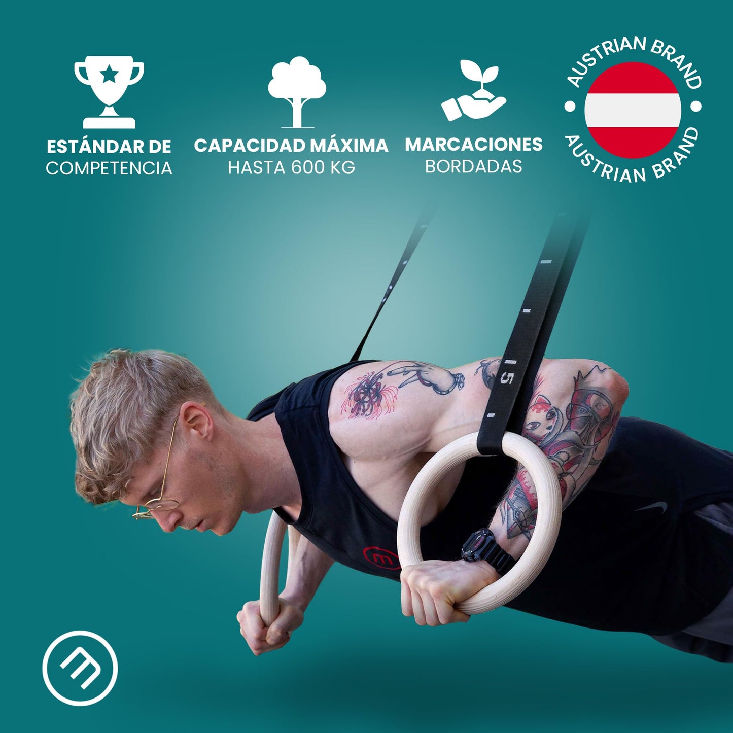 Anillas de Gimnasia de Madera | para Entrenamientos gimnásticos | Workout Set con Anclaje para Puerta, Hebillas, Correa y guía de Ejercicios | Gimnasio/Deporte en casa | Adultos