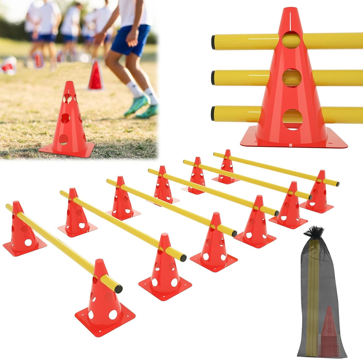 ACXIN Juego de 6 obstáculos para entrenamiento de coordinación para niños y perros, 12 conos y 6 barras, cono multifunción, altura: 32 cm, barra: 100 cm