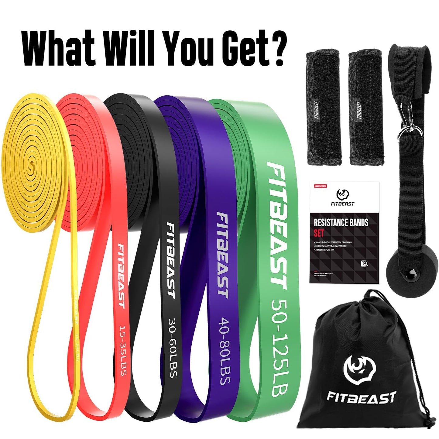 FitBeast Banda de Resistencia con Anclaje para Puerta Almohadilla de Mano, Pull Up Bands para Pilates, Entrenamiento, Fisioterapia, Estiramiento, Yoga, Gimnasio en Casa para Hombres y Mujeres