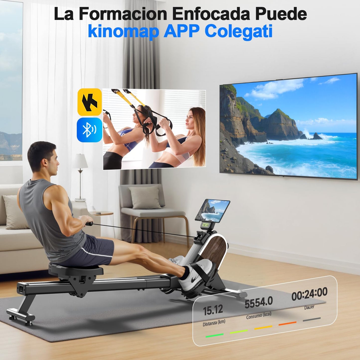 CHAOKE Maquina de Remo para Casa, Pistas Dobles Ultra Silenciosas y Estables,16 Niveles de Resistencia Magnético con App, Bluetooth y Pantalla LCD, Soporta hasta 160 KG, Fitness en Interiores