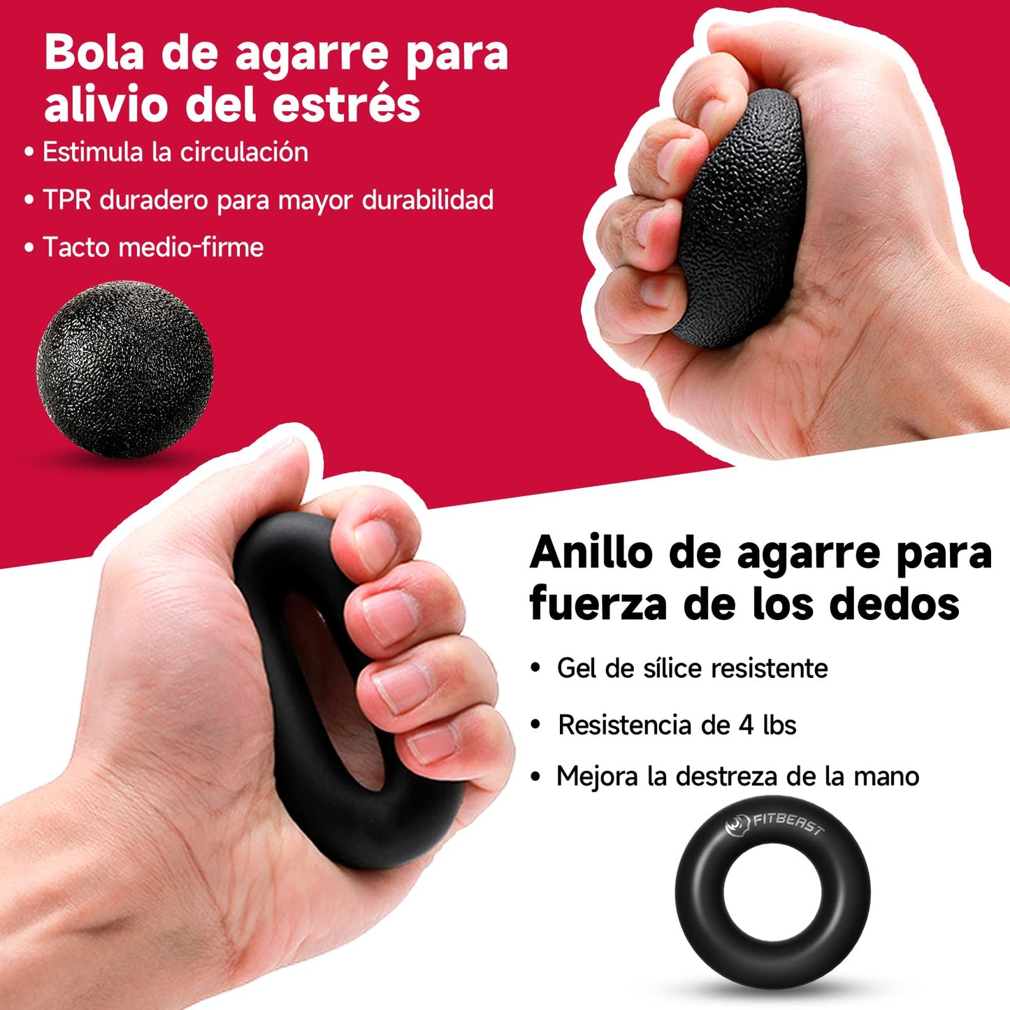 FitBeast Hand Grip para Antebrazo Ejercitar – Paquete de 5 Piezas, Fortalecedor de Agarre de Manos Ajustables, Ejercitador de Manos, Para Estirar Los Dedos, Anillo para Entrenar y Pelota Anti Estrés