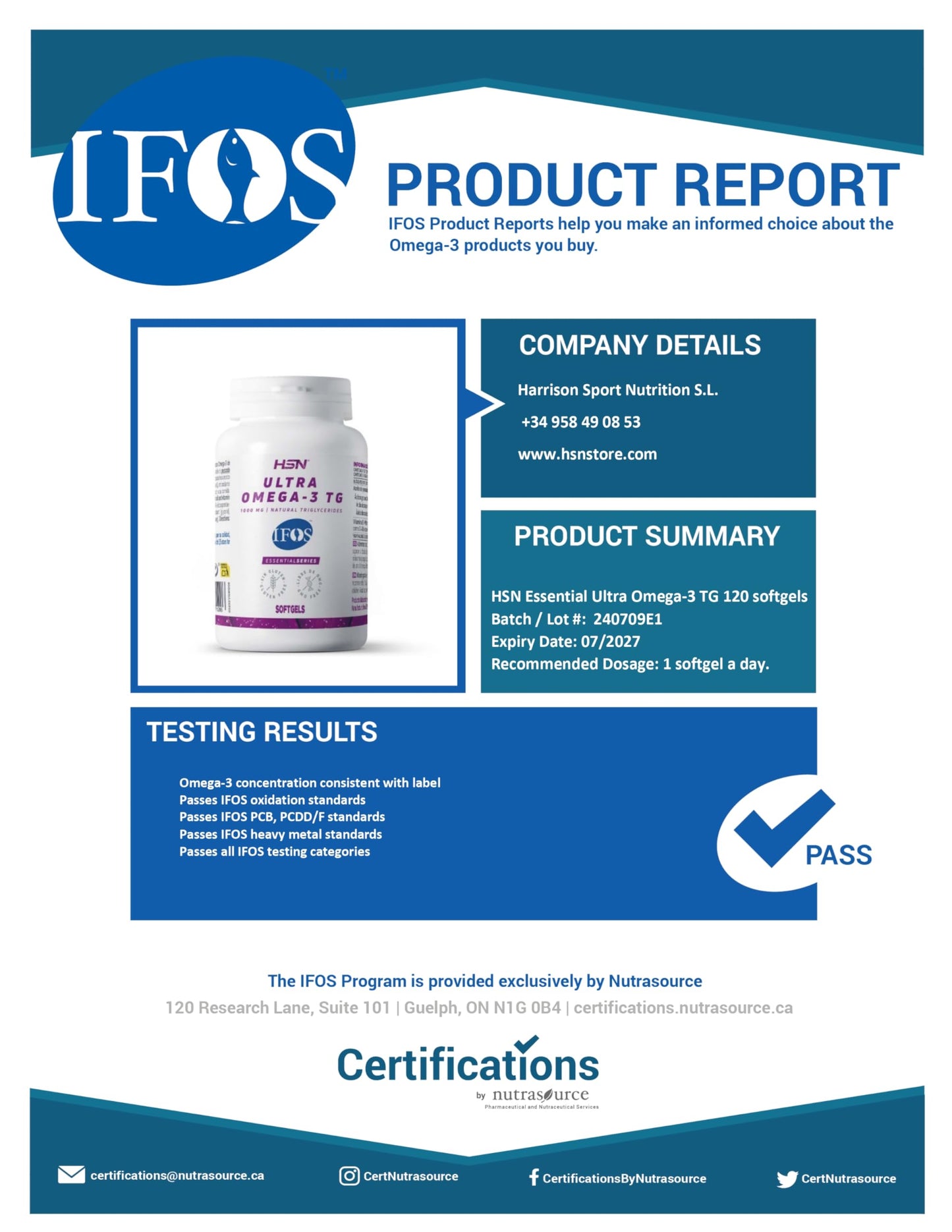 HSN Ultra Omega 3 IFOS 5 Estrellas | 120 Perlas | 350mg de EPA + 250mg DHA | 1000mg Puro Aceite de Pescado en Forma de Triglicéridos Altamente Concentrado | No-GMO, Sin Gluten