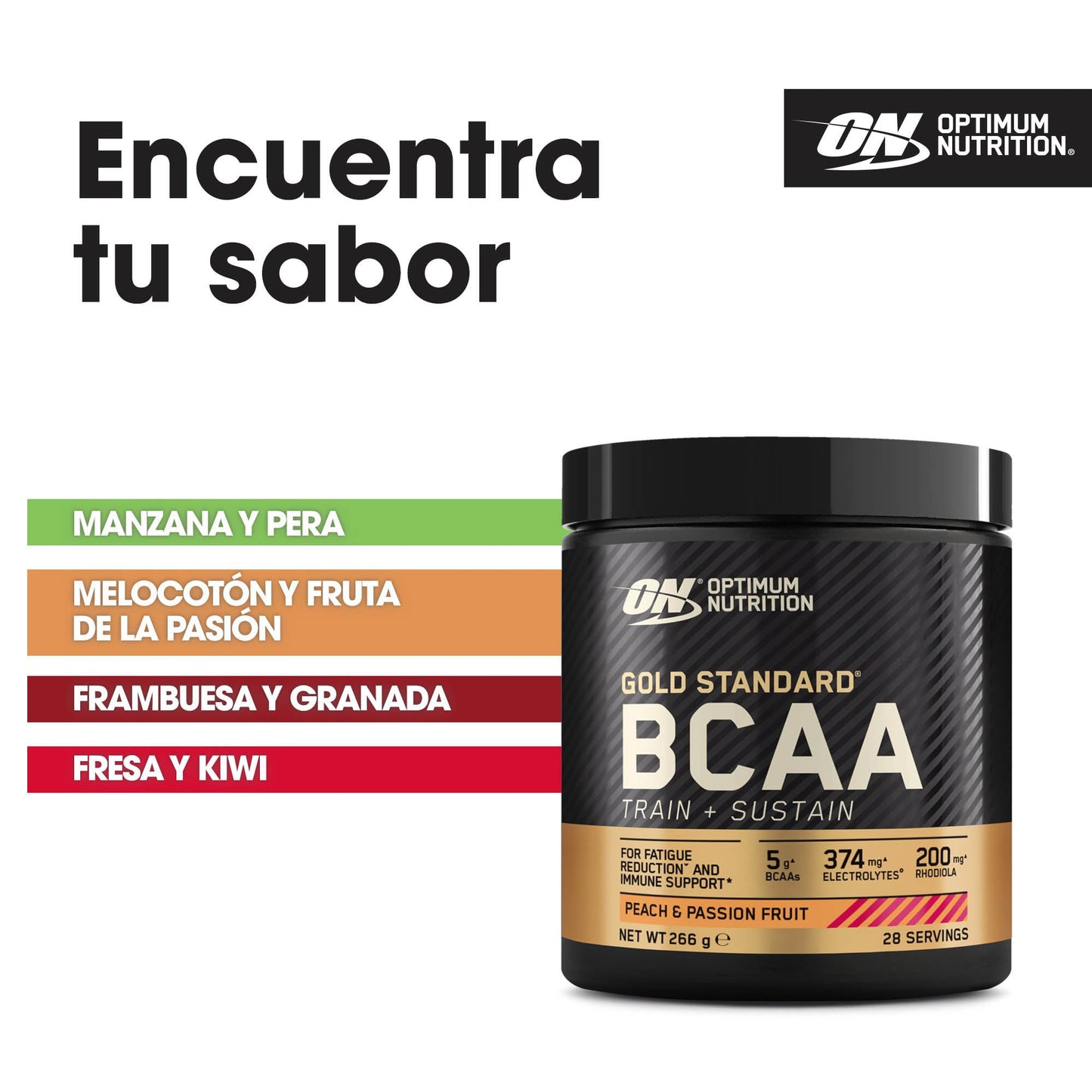 Optimum Nutrition Gold Standard BCAA en Polvo, Sabor Melocotón y Maracuyá, 266g, 28 Servicios