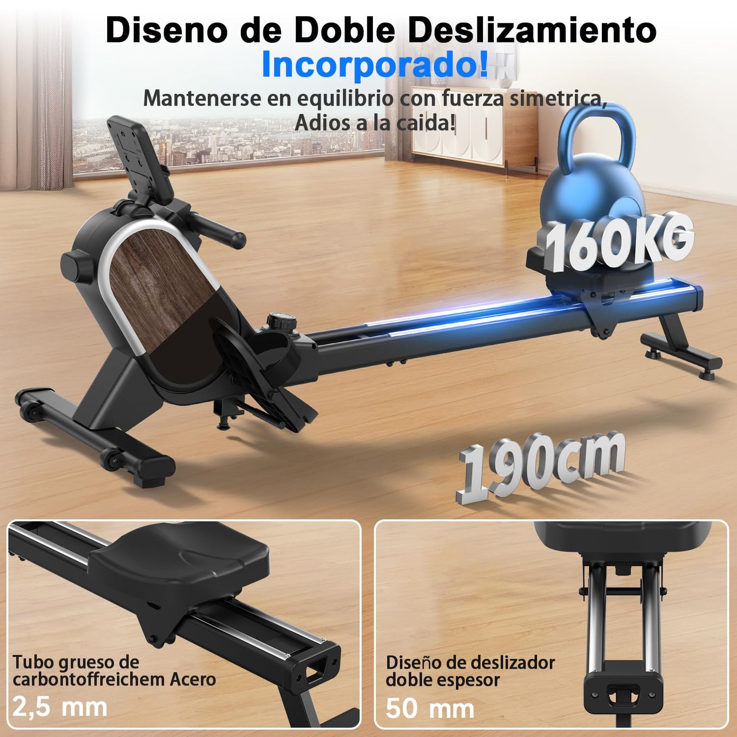 CHAOKE Maquina de Remo para Casa, Pistas Dobles Ultra Silenciosas y Estables,16 Niveles de Resistencia Magnético con App, Bluetooth y Pantalla LCD, Soporta hasta 160 KG, Fitness en Interiores