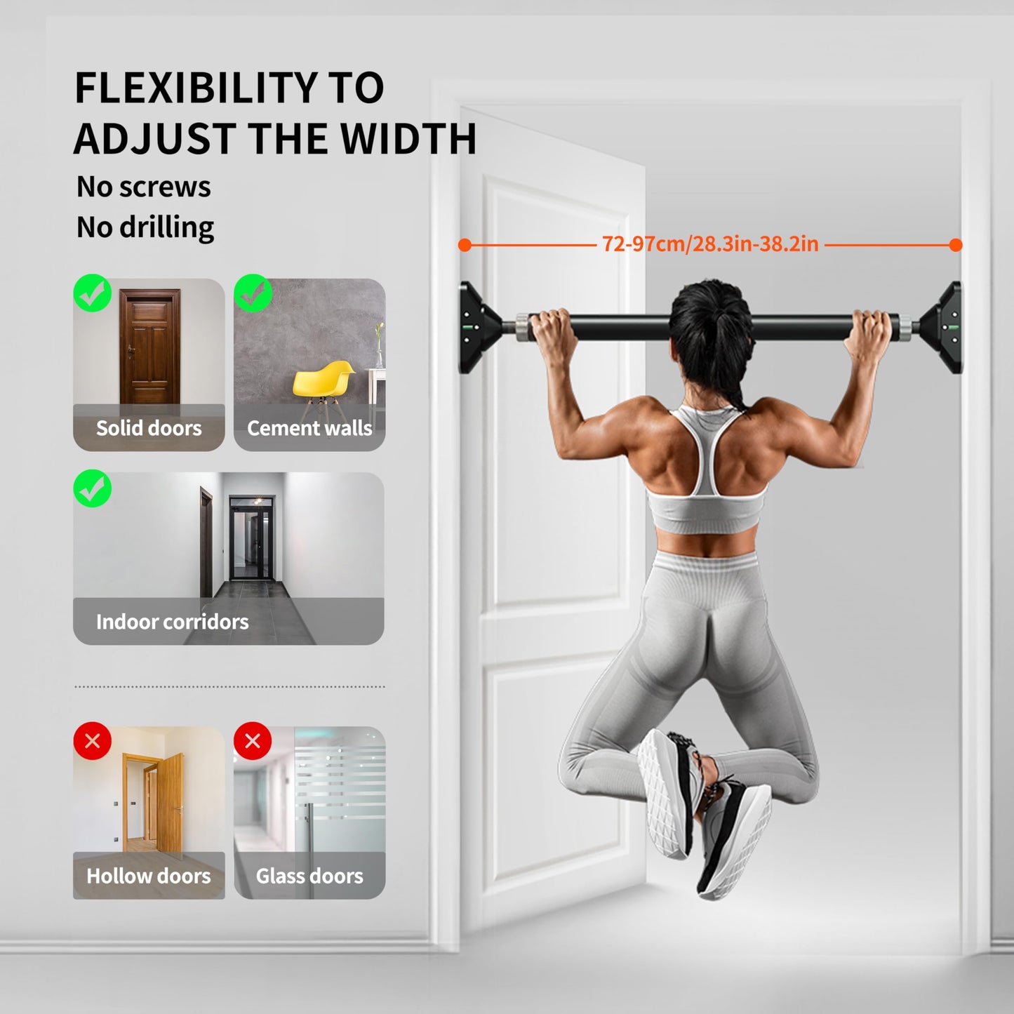 PROIRON Barra de tracción, Barra de Puerta, Ajustable de 72 a 97 cm, se Puede Montar sin Tornillos, Antideslizante, sujeción Segura, Asas de Espuma, Barra dominadas del Marco de la Puerta
