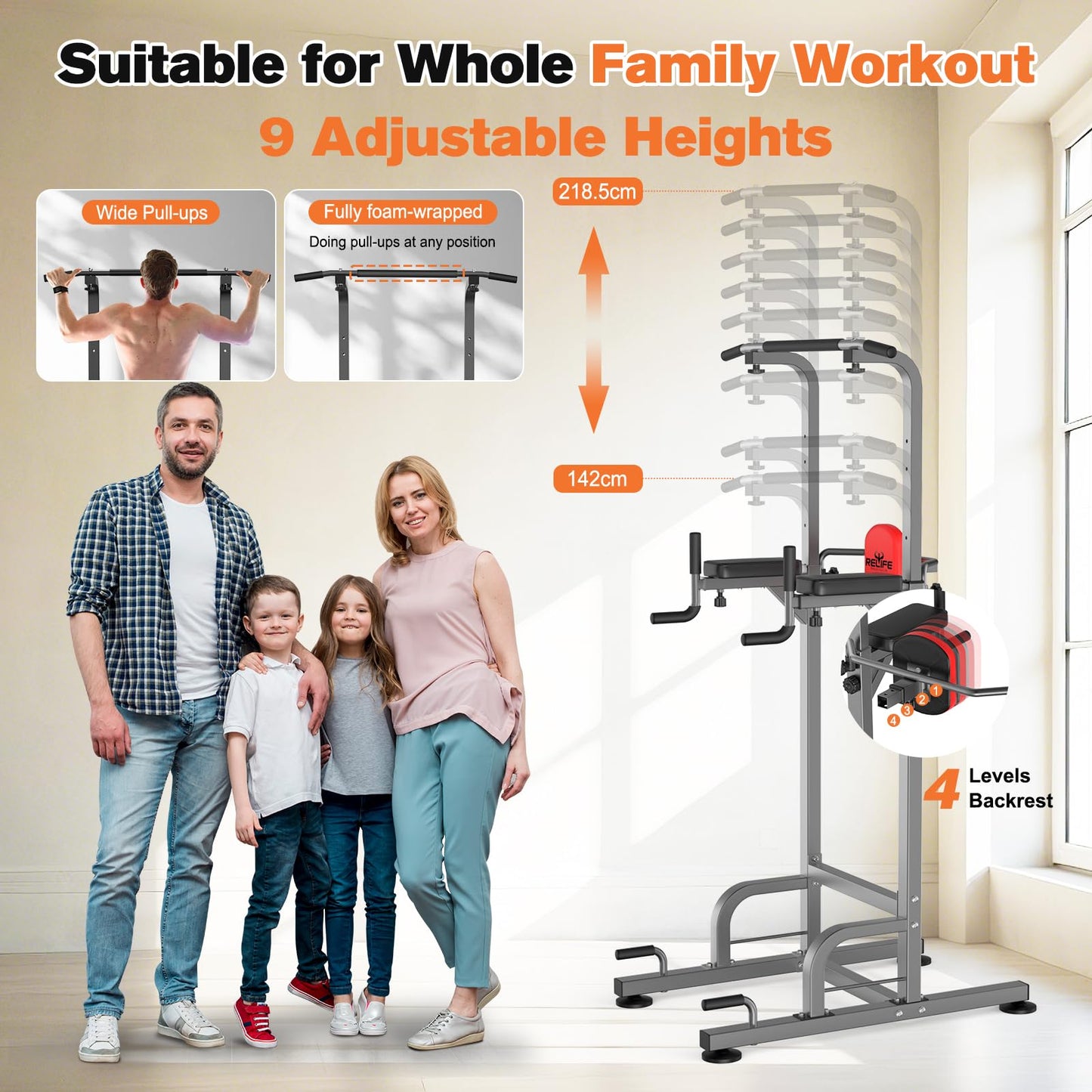 RELIFE REBUILD YOUR LIFE Torre Entrenamiento Energía Power Tower Estación Pull Up Multifuncional Barras Dominadas Torre de Gimnasia Casa Equipo de Fuerza Dip Station Musculación (Gris-1)