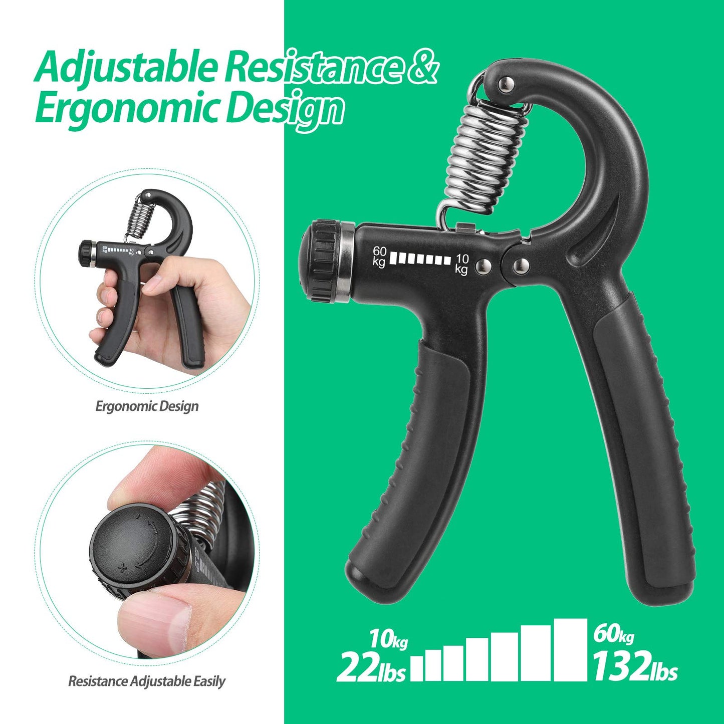 NIYIKOW Hand Grip, Antebrazo Ejercitar, Fortalecedor de Agarre de Manos, Resistencia Ajustable 10-60kg (22-132Lbs), Ejercitador de Manos Antideslizante, para Músicos Atletas-Negro