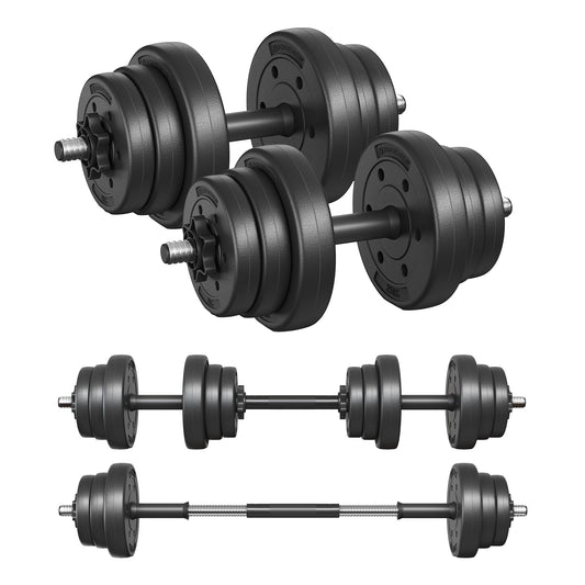 SONGMICS Juego de Mancuernas 2 en 1, Mancuernas Ajustables de 2 x 10 kg, con Barra Adicional, Placas de Peso Recubiertas de Plástico, Entrenamiento de Fitness, Gimnasio de Casa, Negro Tinta SYL20HBK