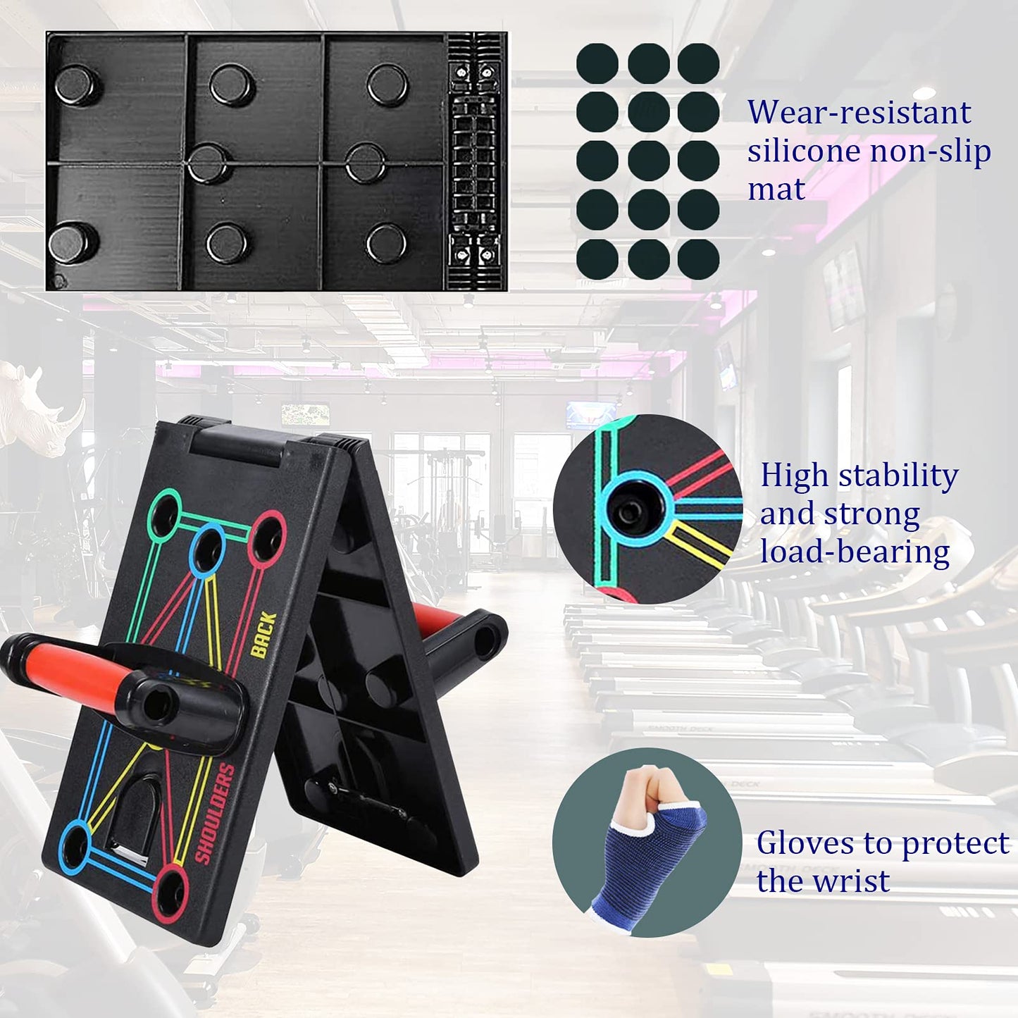 AOUZEA Push Up Rack Board, Unisexo Tablero de Flexiones Portátil Multifuncional Plegable 12 en 1, Maquinas de Gimnasio con Guantes Protectores y Almohadillas de Silicona Antideslizantes