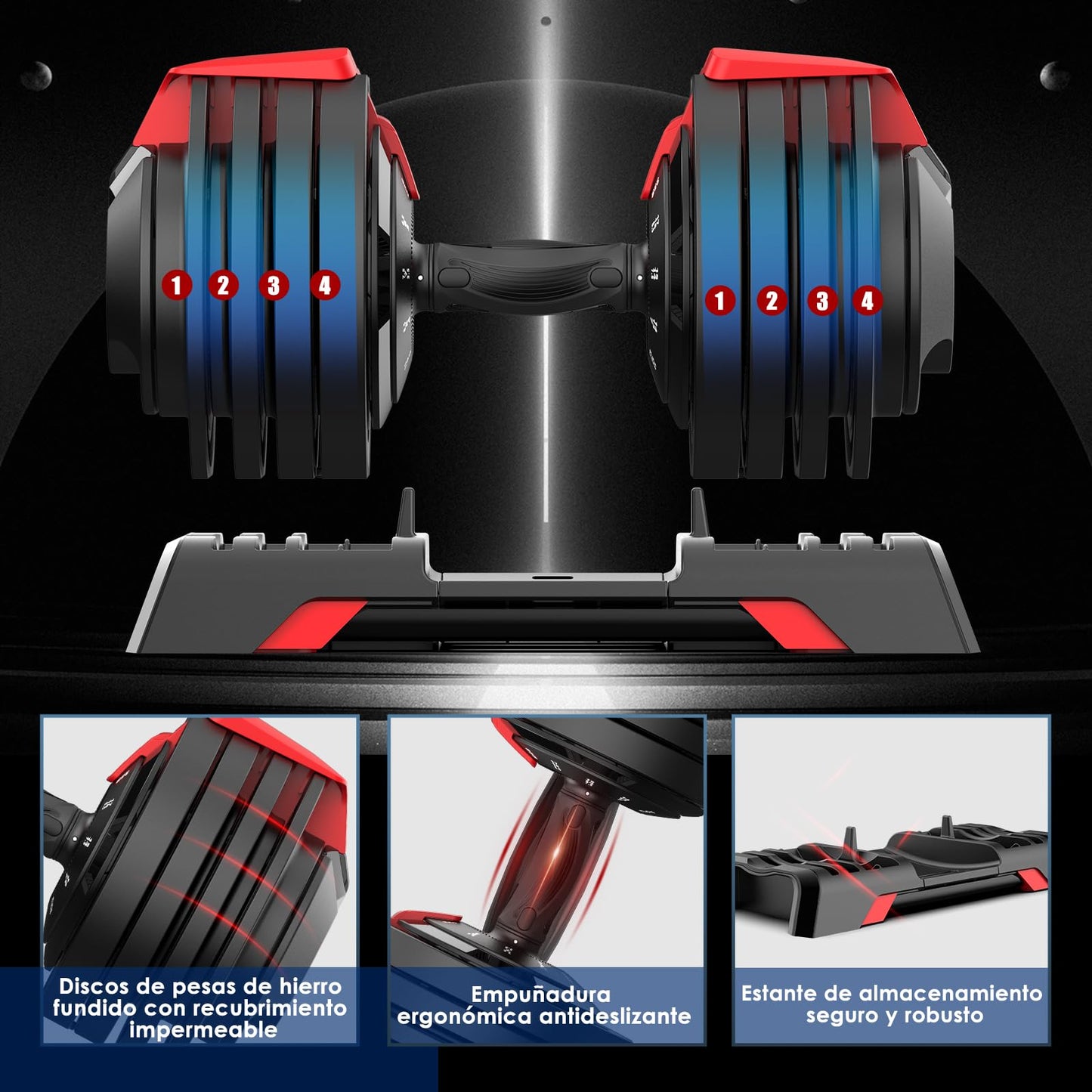 DH FitLife Mancuernas Ajustables 18kg/24kg con Base de Almacenamiento, Juego de Pesas Compactas 12 en 1 para Culturismo y Entrenamiento - Diseño Ahorra Espacio, para Hombre y Mujer (Negro - 24kg X 2)