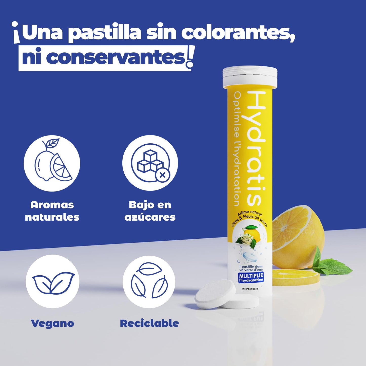 HYDRATIS - Tabletas de rehidratación acelerada - Electrolitos con magnesio, zinc, potasio - 20 tabletas - Sabor a melocotón