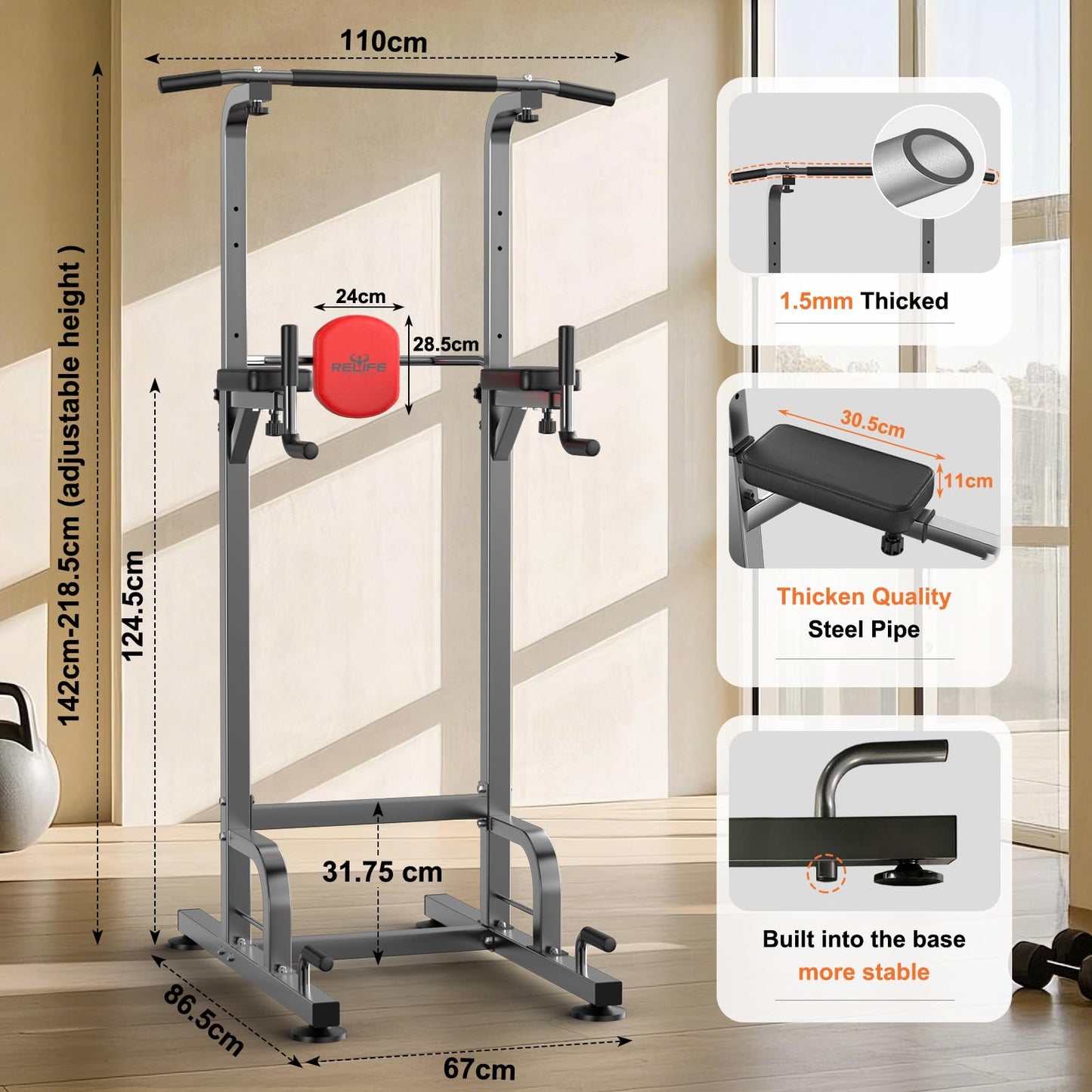 RELIFE REBUILD YOUR LIFE Torre Entrenamiento Energía Power Tower Estación Pull Up Multifuncional Barras Dominadas Torre de Gimnasia Casa Equipo de Fuerza Dip Station Musculación (Gris-1)