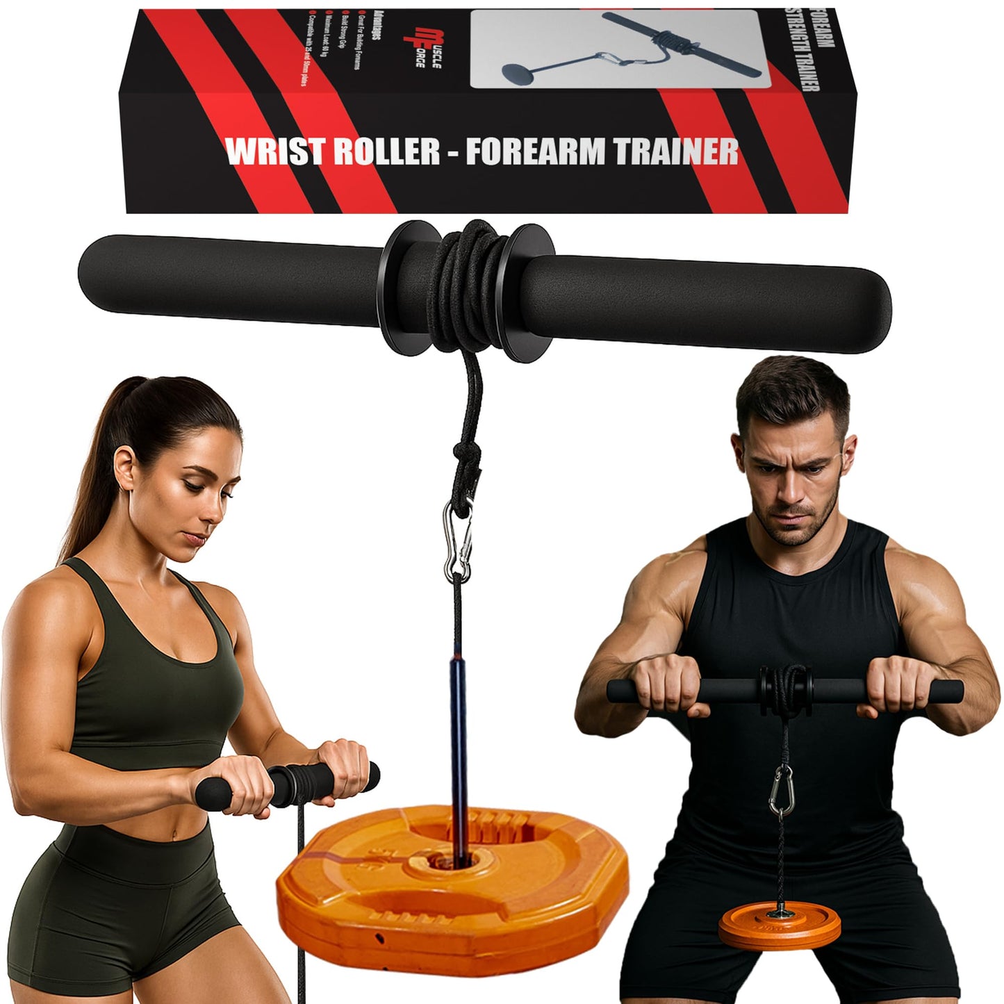 MuscleForge Rodillo de Muñeca y Antebrazo, Entrenador del Brazo, Polea con Carga - Wrist roller con Capacidad 60 kg, Forearm exerciser, Grips Strengthener, Accesorio para El Entrenamiento del Agarre