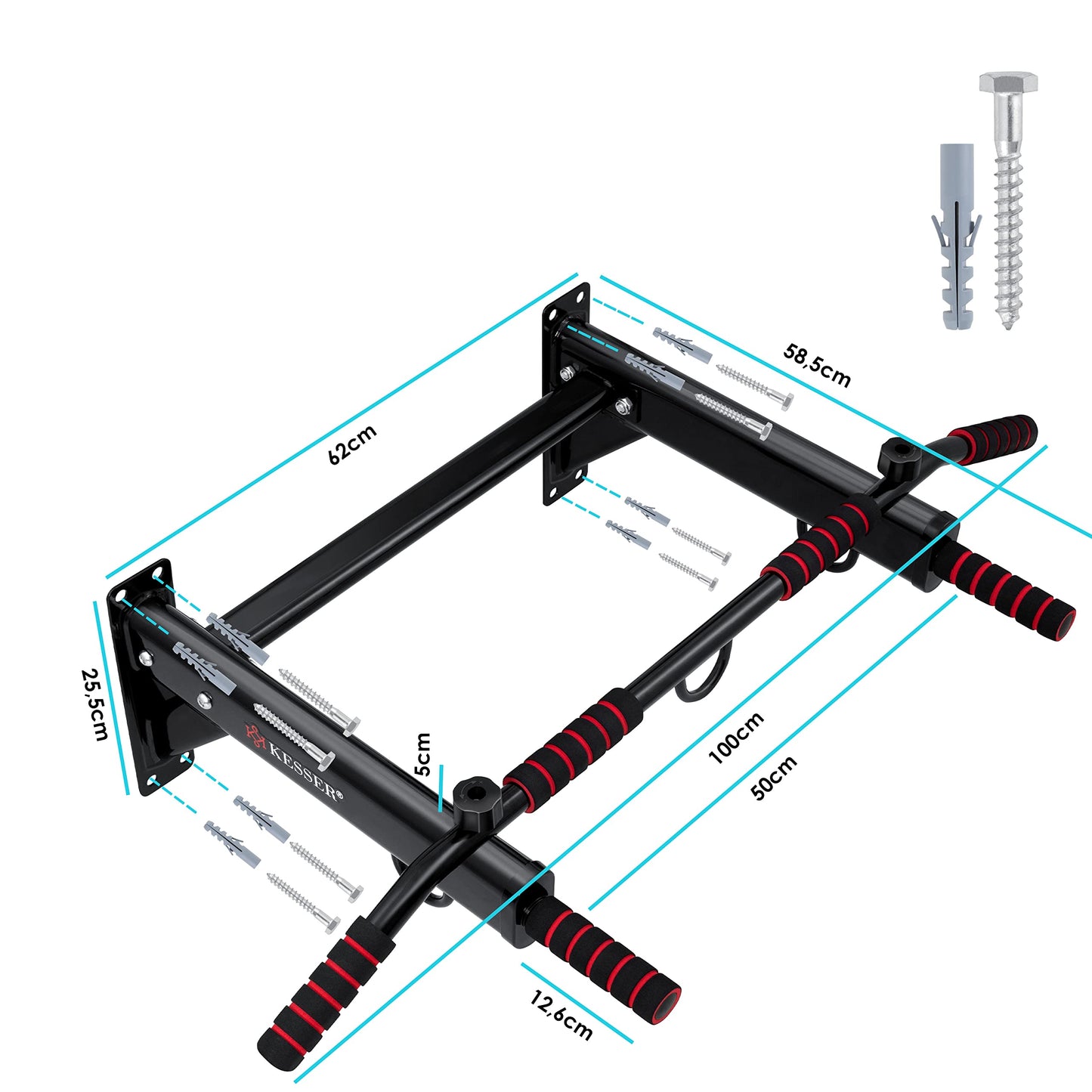 KESSER® Barra de dominadas 4 en 1 para montaje en la pared, asas antideslizantes, función adicional para anillos de cuerdas y sacos de boxeo | seguro y estable |rojo
