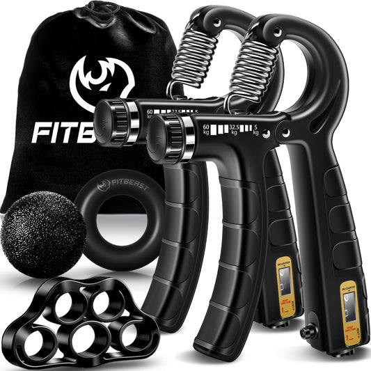 Kit de Entrenamiento para Fortalecer Agarre FitBeast 5 Piezas, 2 Resistencia Ajustable para Antebrazo, Estirador de Dedos, Anillo de Agarre y Bola de Alivio Estrés para Atletas, Negro