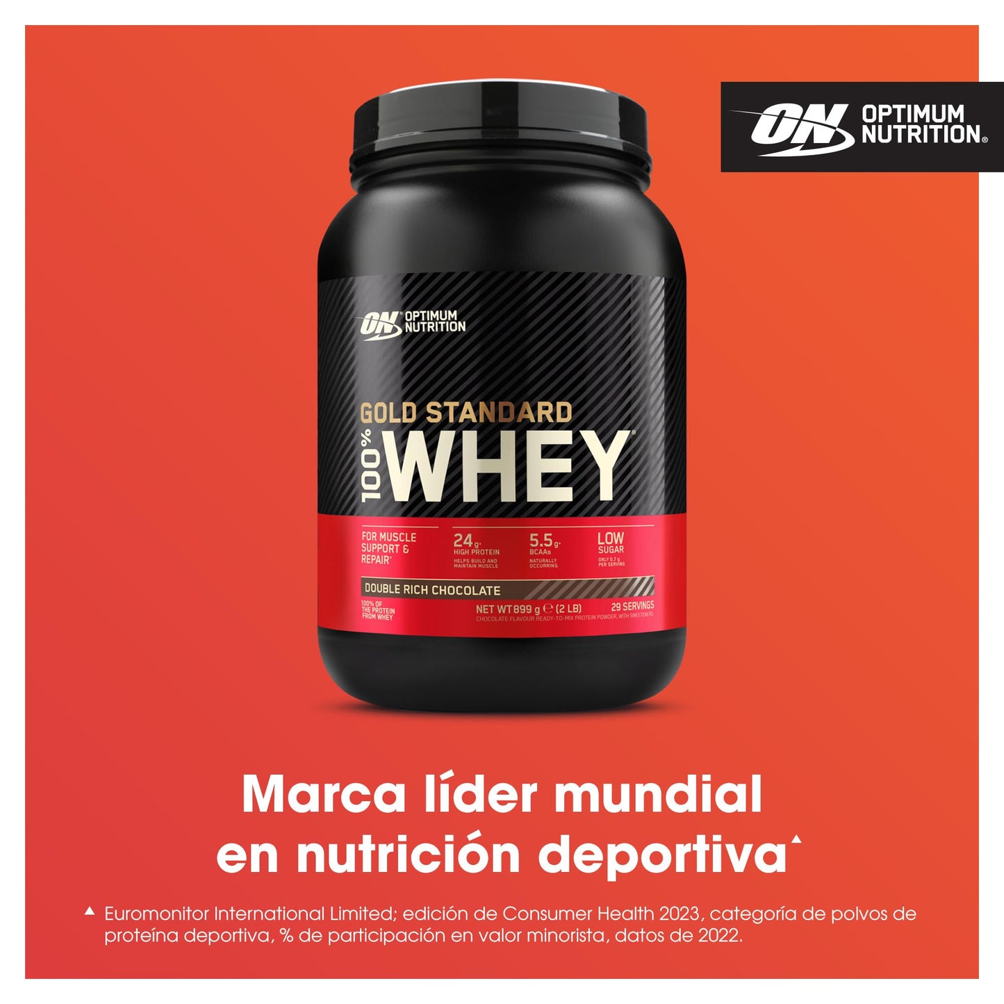Optimum Nutrition Gold Standard 100% Whey, Proteína en Polvo, Sabor Doble Chocolate Rico, 899g, 29 Servicios