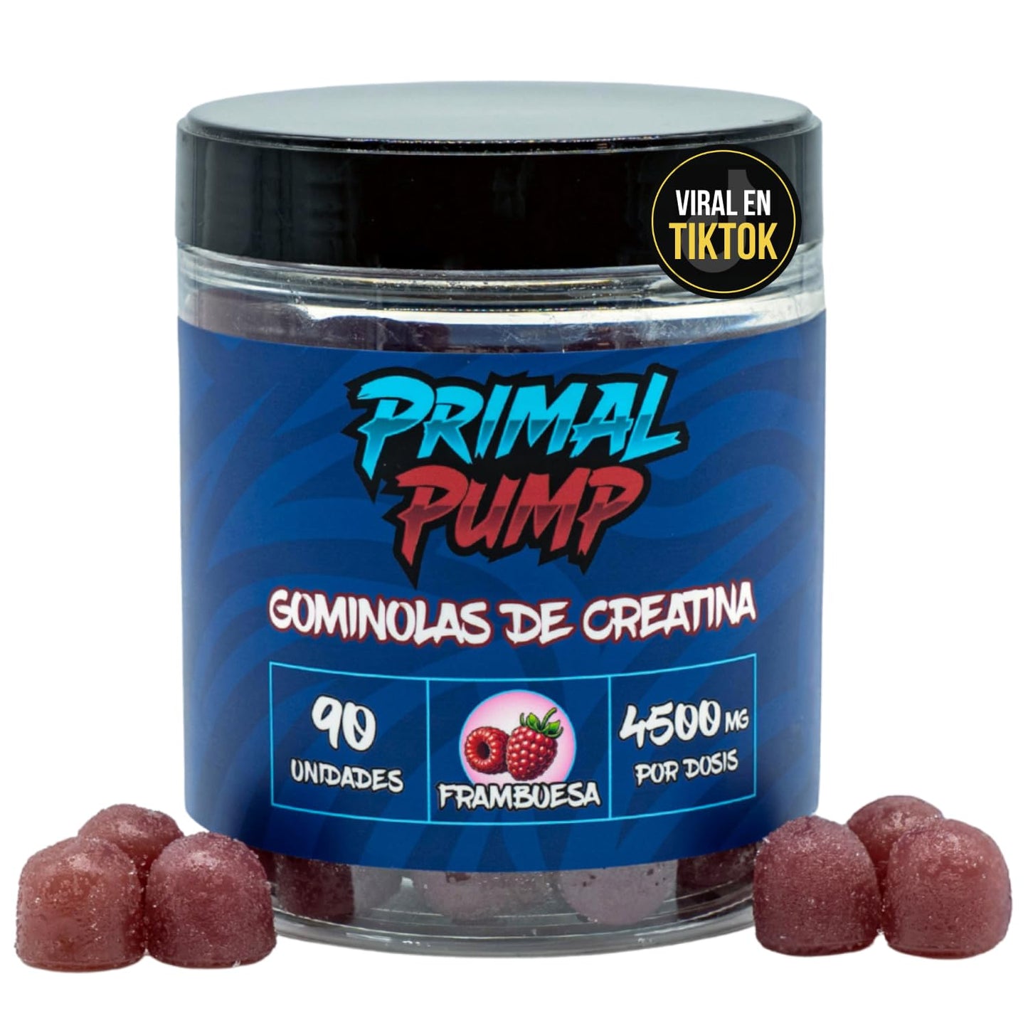 Primal Pump Gominolas de Creatina Monohidratada 4.5g - Creatina para Rendimiento y Potencia - Sin Azúcar, Vegano y Sin Gluten (90 Gominolas, Frambuesa)